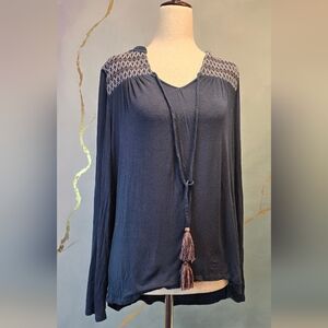 Knox Rose Blue Jersey Long Sleeve Top With Embroidery And Tassel Tie V Neck S